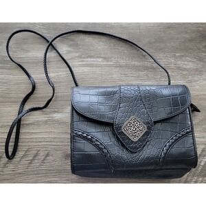 Coldwater Creek Organizer Shoulder Bag Black Moc Croc Silver-Tone Handbag Purse